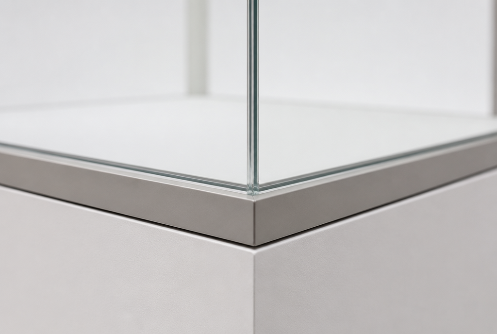 Detail of a display case corner: low-iron glass, mitred joint and plinth base