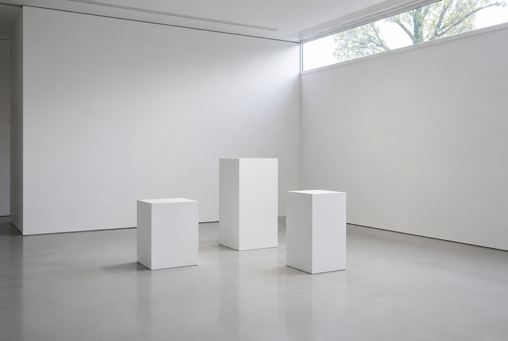 Empty gallery room with three white plinths at stepped heights