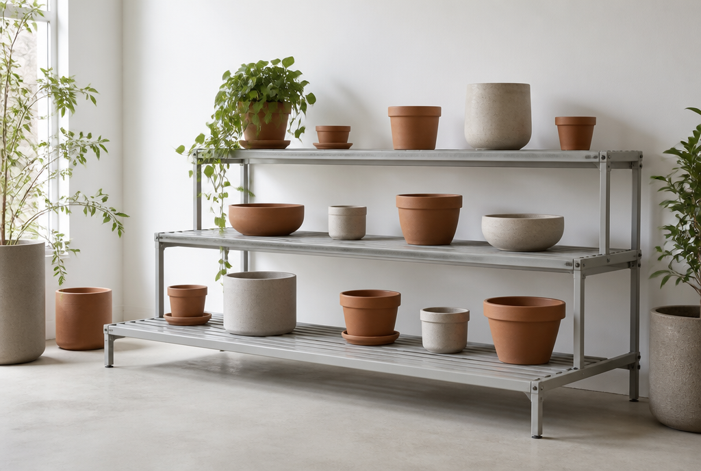 Three-tier plant staging system with slatted shelves and empty planters