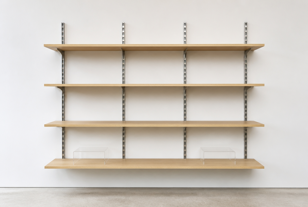 Minimal retail display wall with slotted uprights and empty oak shelves